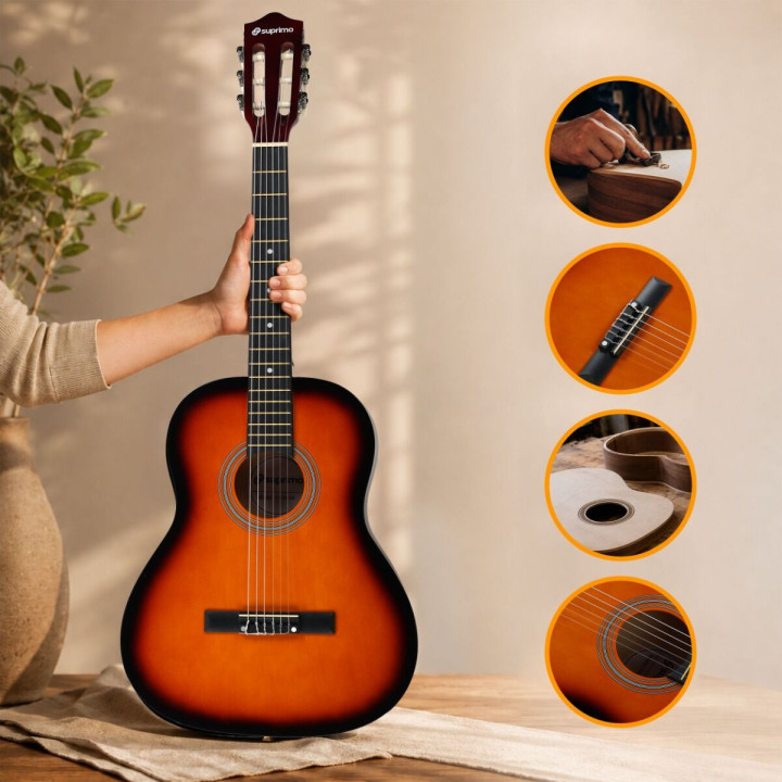 SUPRIMO CG34 SB gitara klasyczna 3/4 2 zaczepy 3 kostki pasek do gitary zapasowe struny pokrowiec