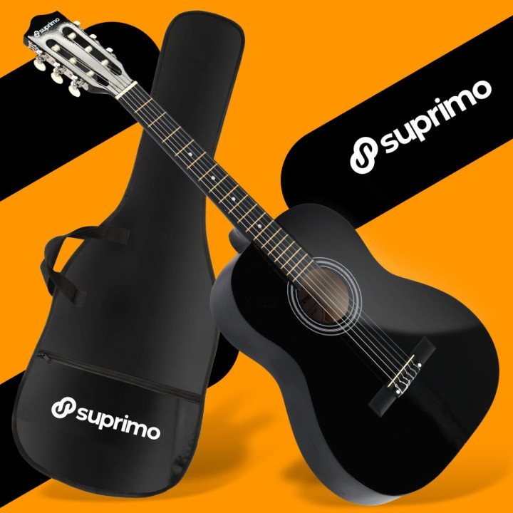 SUPRIMO CG34 BK gitara klasyczna 3/4 2 zaczepy 3 kostki pasek do gitary zapasowe struny pokrowiec