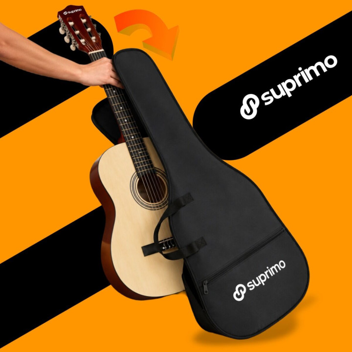 SUPRIMO CG34 NT gitara klasyczna 3/4 2 zaczepy 3 kostki pasek do gitary zapasowe struny pokrowiec
