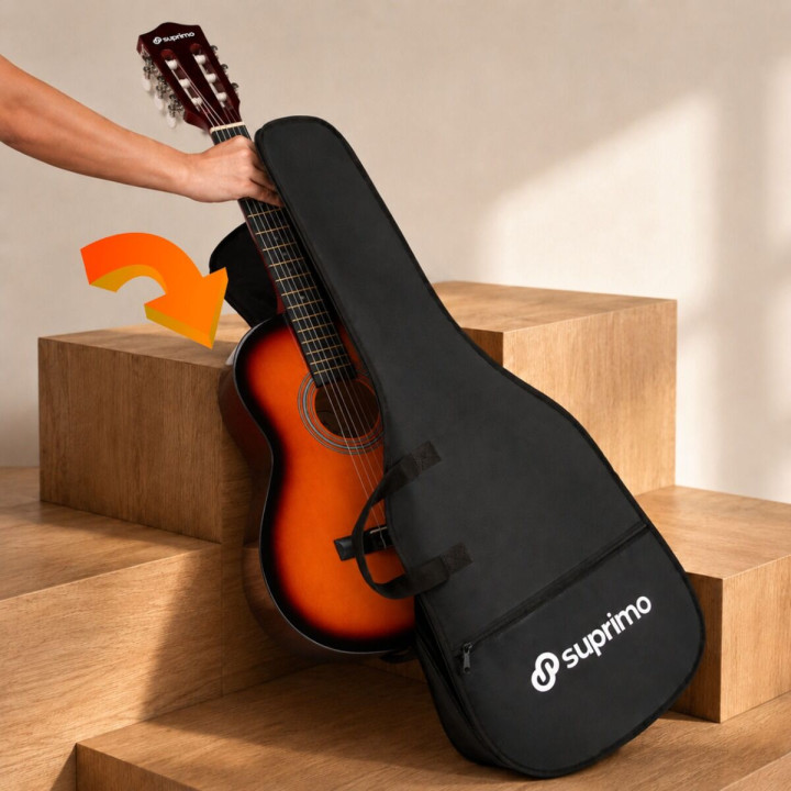 SUPRIMO CG34 SB gitara klasyczna 3/4 2 zaczepy 3 kostki pasek do gitary zapasowe struny pokrowiec