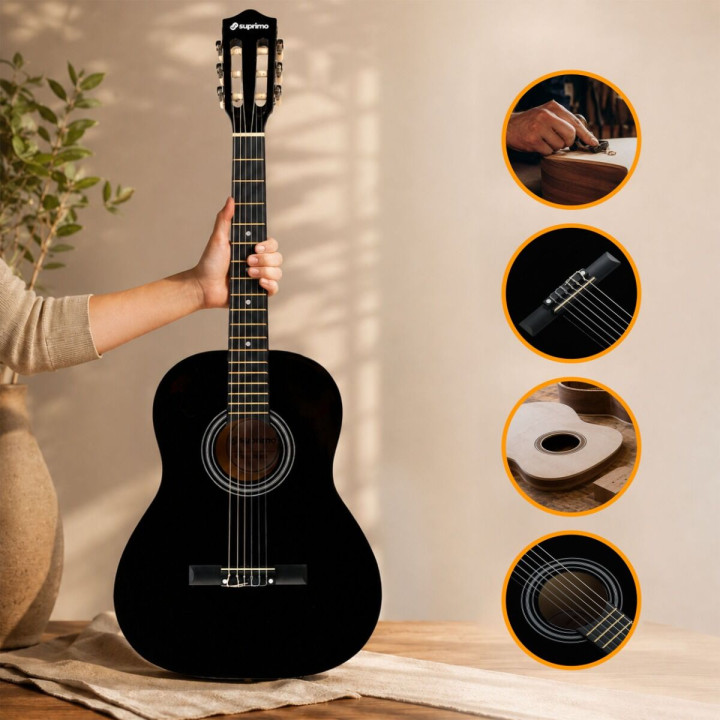 SUPRIMO CG34 BK gitara klasyczna 3/4 2 zaczepy 3 kostki pasek do gitary zapasowe struny pokrowiec