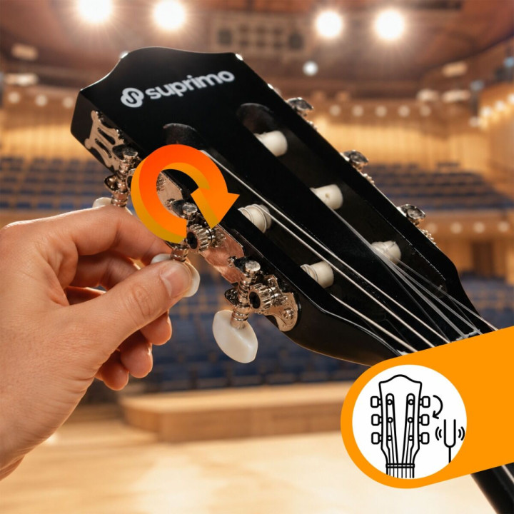 SUPRIMO CG34 BK gitara klasyczna 3/4 2 zaczepy 3 kostki pasek do gitary zapasowe struny pokrowiec