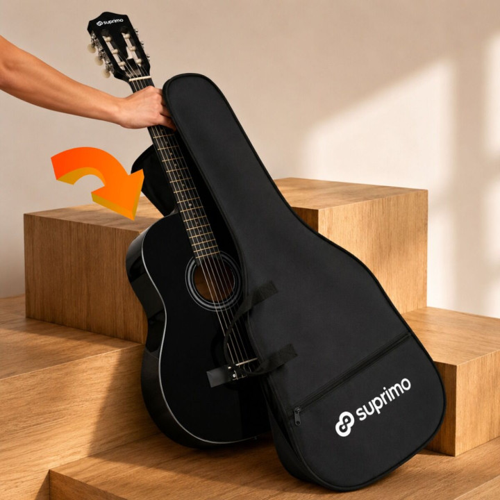 SUPRIMO CG34 BK gitara klasyczna 3/4 2 zaczepy 3 kostki pasek do gitary zapasowe struny pokrowiec