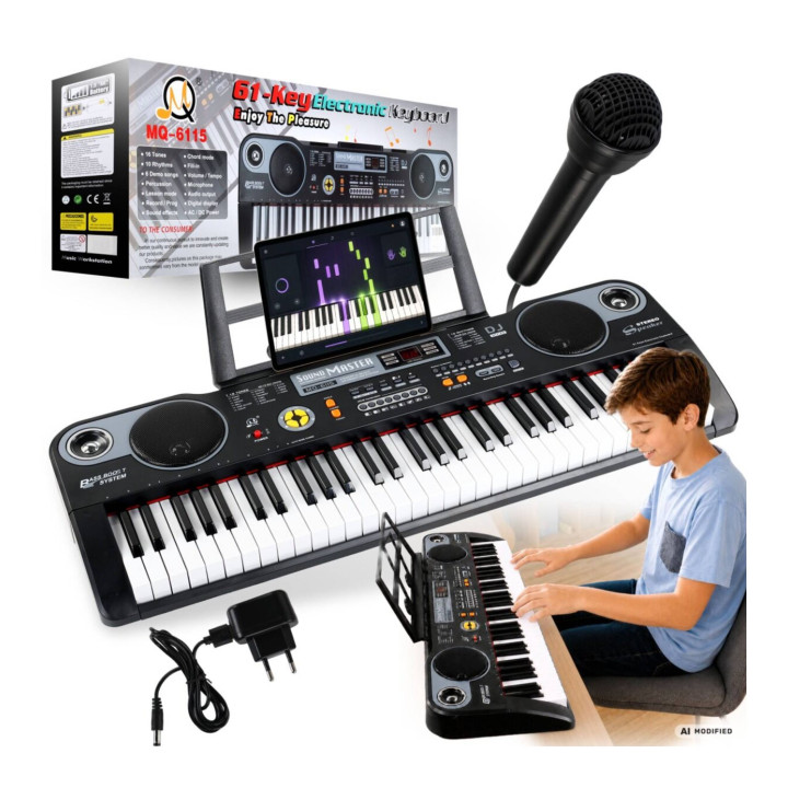 MQ 6115 keyboard elektroniczny 61 klawiszy dla dzieci do nauki gry pulpit do nut mikrofon przewodowy głośniki stereo
