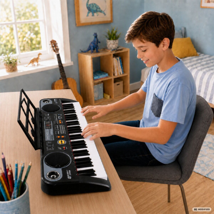 MQ 6115 keyboard elektroniczny 61 klawiszy dla dzieci do nauki gry pulpit do nut mikrofon przewodowy głośniki stereo