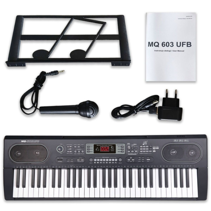 MQ 603 UFB KEYBOARD elektroniczny 61 klawiszy instrument dla dzieci MP3 radio FM Bluetooth pulpit do nut mikrofon przewodowy