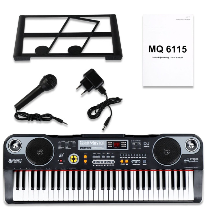 MQ 6115 keyboard elektroniczny 61 klawiszy dla dzieci do nauki gry pulpit do nut mikrofon przewodowy głośniki stereo