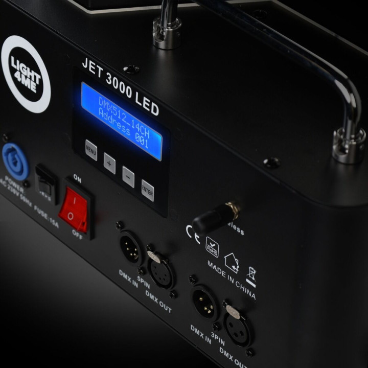LIGHT4ME JET 3000 LED wytwornica dymu pionowego 3000W DMX 21x10W RGBW LED pilot bezprzewodowy