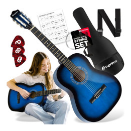 SUPRIMO CG34 BB gitara klasyczna 3/4 2 zaczepy 3 kostki pasek do gitary zapasowe struny pokrowiec