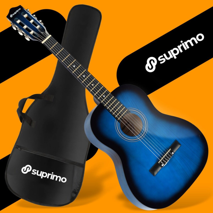 SUPRIMO CG34 BB gitara klasyczna 3/4 2 zaczepy 3 kostki pasek do gitary zapasowe struny pokrowiec