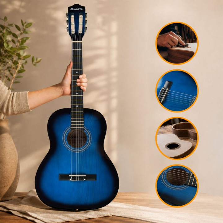SUPRIMO CG34 BB gitara klasyczna 3/4 2 zaczepy 3 kostki pasek do gitary zapasowe struny pokrowiec