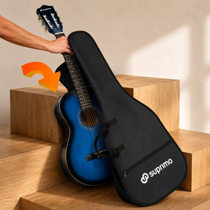 SUPRIMO CG34 BB gitara klasyczna 3/4 2 zaczepy 3 kostki pasek do gitary zapasowe struny pokrowiec