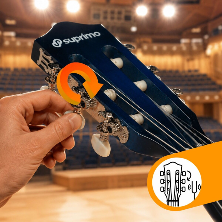SUPRIMO CG34 BB gitara klasyczna 3/4 2 zaczepy 3 kostki pasek do gitary zapasowe struny pokrowiec