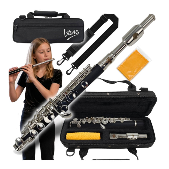 V-TONE PICCOLO 1 flet poprzeczny piccolo pikolo pikulina 32 cm strój C czarno-srebrny do nauki gry futerał transportowy