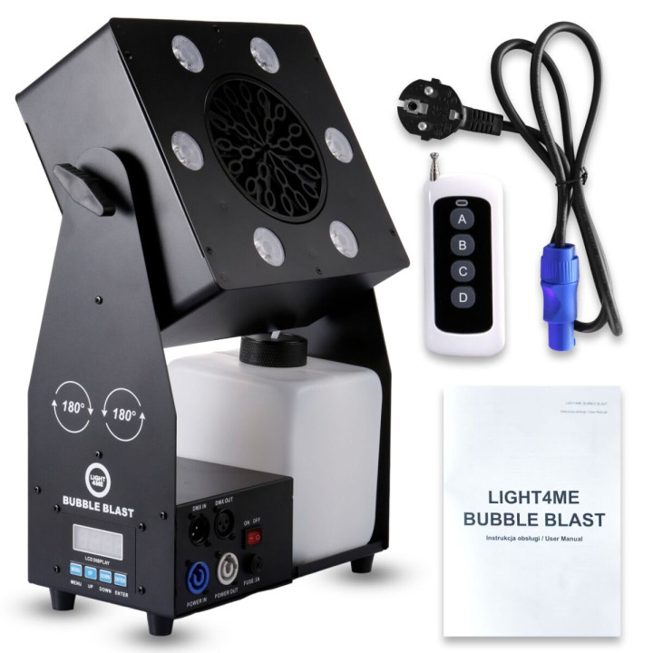 LIGHT4ME BUBBLE BLAST wytwornica do baniek DMX RGBW LED 6×4W zbiornik 2,5 l pilot bezprzewodowy