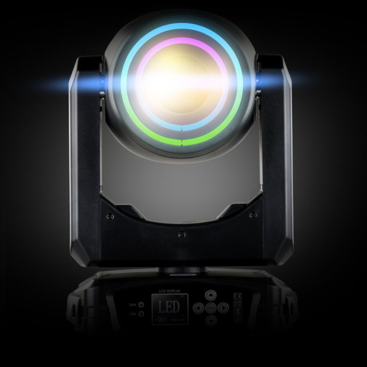 LIGHT4ME PRISMO SPOT 150W głowica ruchoma spot LED DMX podwójny efekt ring 40 × 0,2W RGB SMD LED