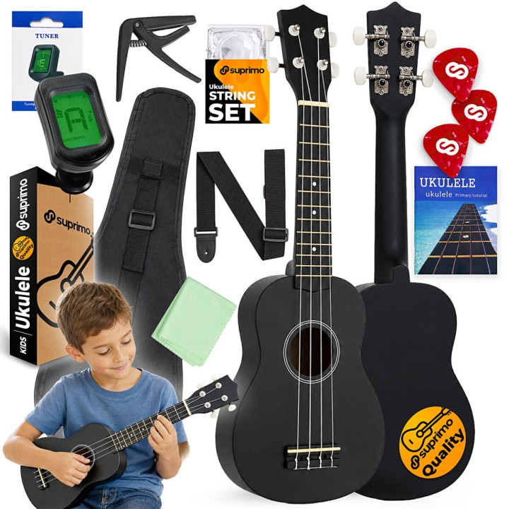 SUPRIMO UK21 SET BK V2 ukulele sopranowe 21" czarne + pokrowiec 3 kostki do gry zapasowe struny tuner