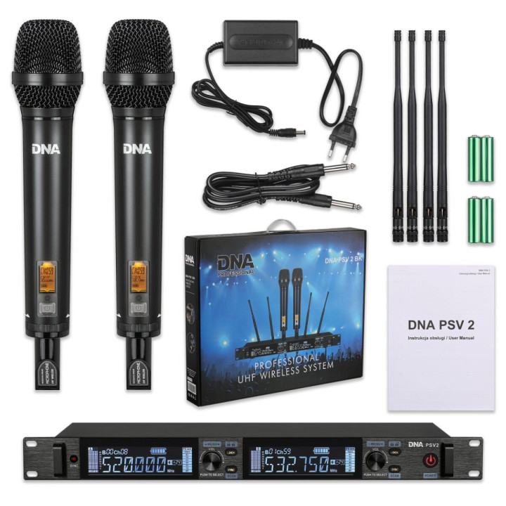 DNA BAT PSV 2 BK mikrofon bezprzewodowy czarny 2x nadajnik doręczny system nagłośnienia UHF 518-542 MHz