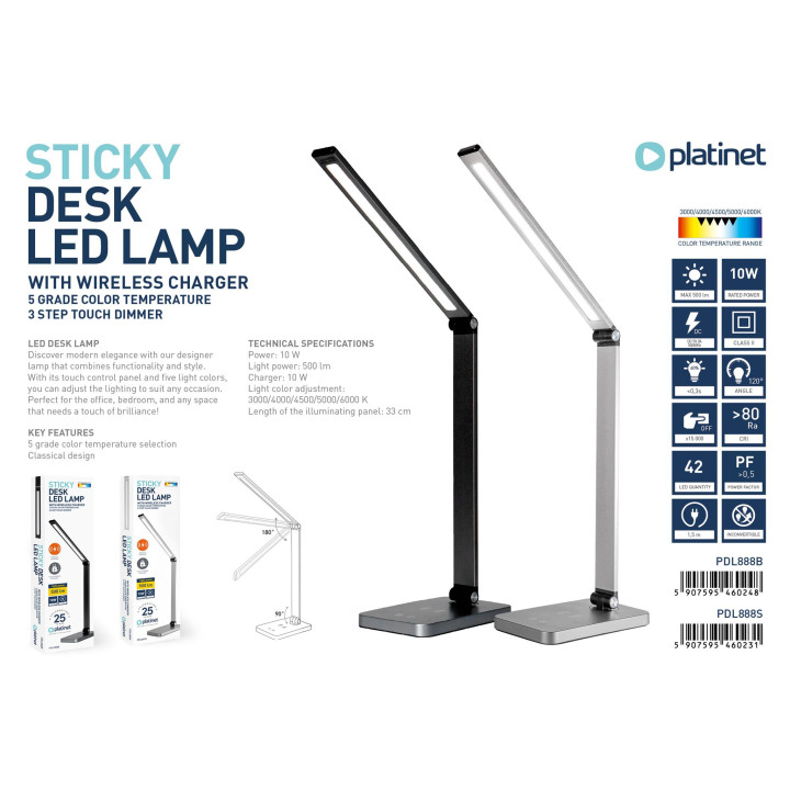 PLATINET PDL888S Lampa biurkowa 10W z ładowarką bezprzewodową srebrna