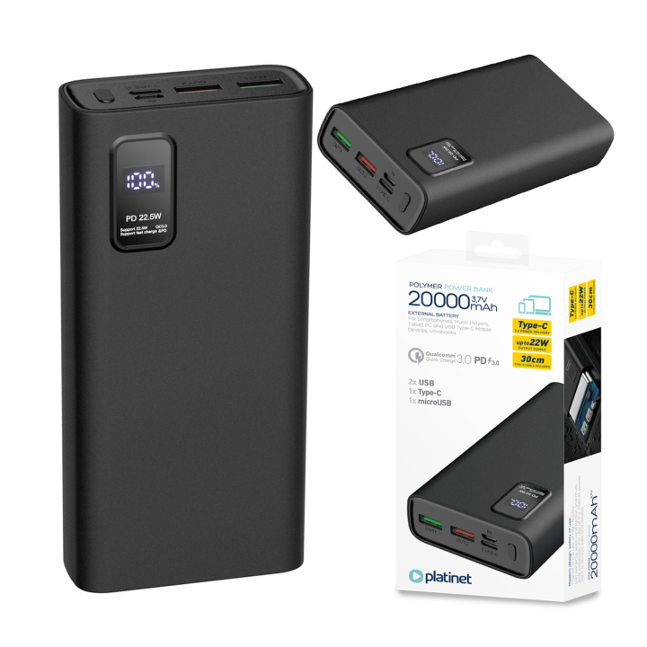 PLATINET PMPB20WQC727B POWERBANK 20000mAh czarny PD 3.0 QC 3.0 LED