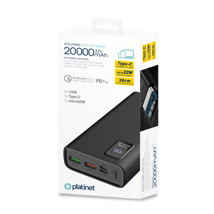 PLATINET PMPB20WQC727B POWERBANK 20000mAh czarny PD 3.0 QC 3.0 LED