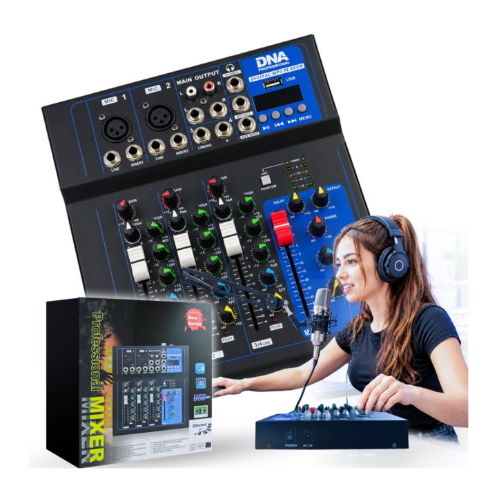 DNA T4MIX analogowy mikser dźwięku 4-kanałowy Bluetooth EQ odtwarzacz MP3 USB Phantom +48V