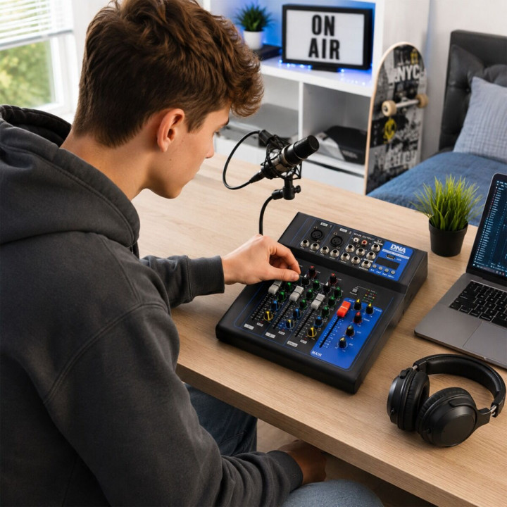 DNA T4MIX analogowy mikser dźwięku 4-kanałowy Bluetooth EQ odtwarzacz MP3 USB Phantom +48V