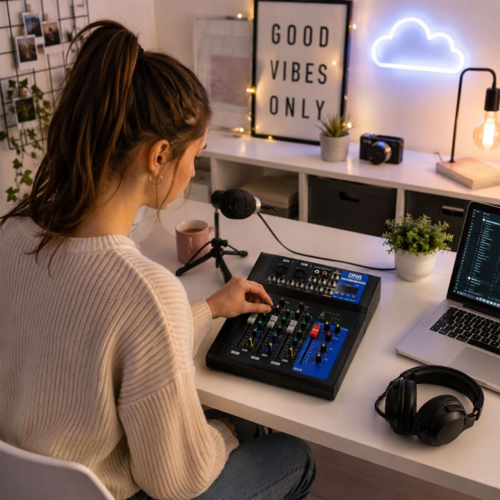 DNA T4MIX analogowy mikser dźwięku 4-kanałowy Bluetooth EQ odtwarzacz MP3 USB Phantom +48V