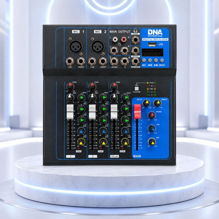 DNA T4MIX analogowy mikser dźwięku 4-kanałowy Bluetooth EQ odtwarzacz MP3 USB Phantom +48V