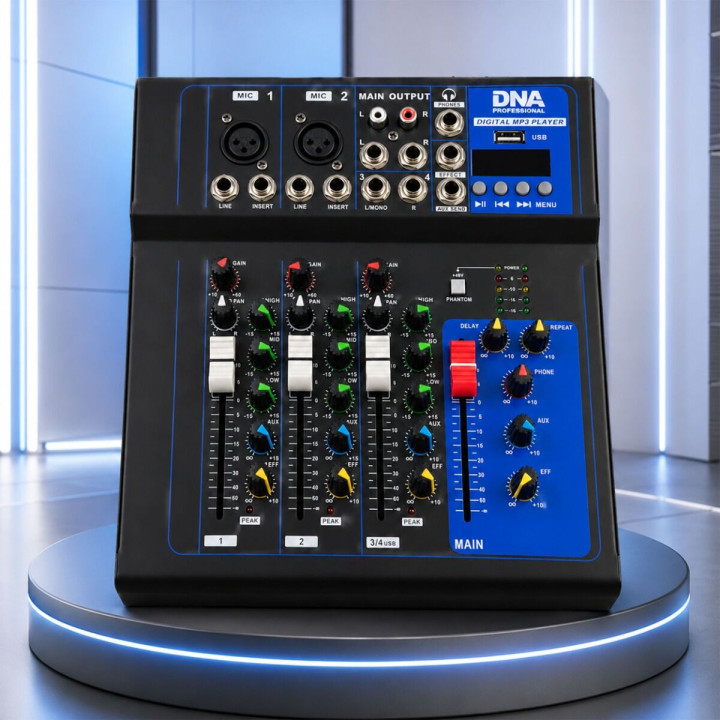 DNA T4MIX analogowy mikser dźwięku 4-kanałowy Bluetooth EQ odtwarzacz MP3 USB Phantom +48V