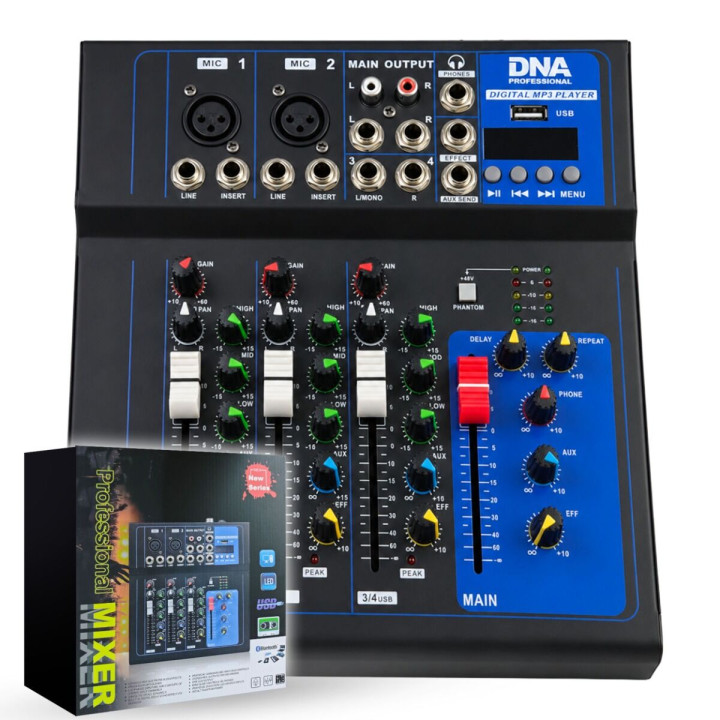 DNA T4MIX analogowy mikser dźwięku 4-kanałowy Bluetooth EQ odtwarzacz MP3 USB Phantom +48V