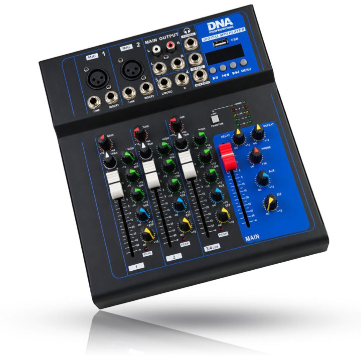 DNA T4MIX analogowy mikser dźwięku 4-kanałowy Bluetooth EQ odtwarzacz MP3 USB Phantom +48V