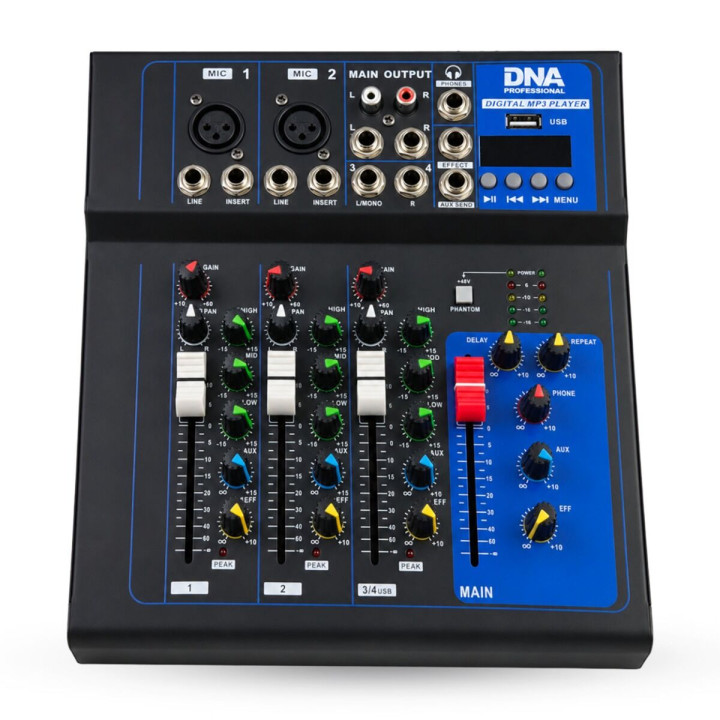 DNA T4MIX analogowy mikser dźwięku 4-kanałowy Bluetooth EQ odtwarzacz MP3 USB Phantom +48V