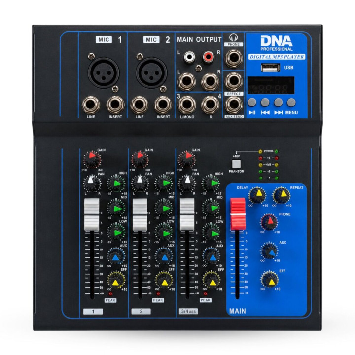 DNA T4MIX analogowy mikser dźwięku 4-kanałowy Bluetooth EQ odtwarzacz MP3 USB Phantom +48V