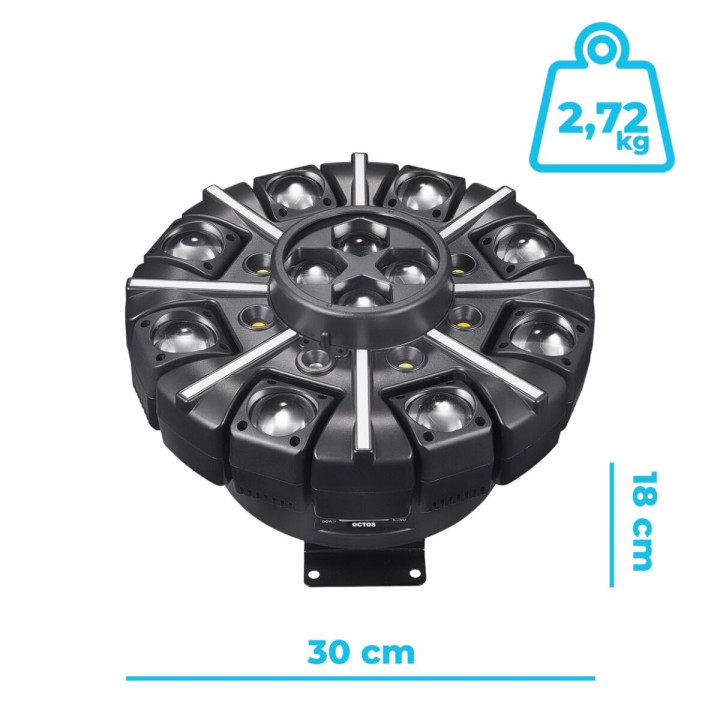 LIGHT4ME OCTOS ruchomy multiefekt oświetleniowy 7w1 LED DMX Beam RGBW Bee Eye RGBW laser czerwony