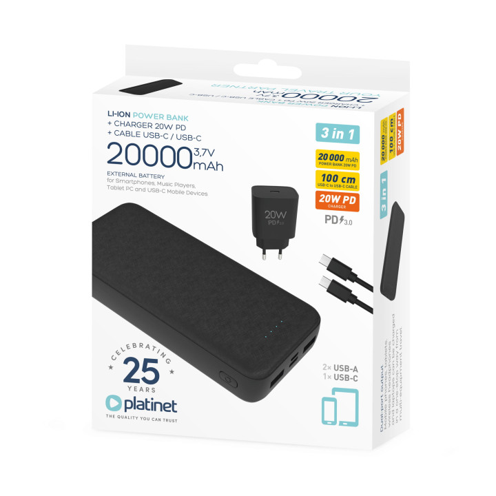 PLATINET Powerbank 20000 mAh + CHARGER 20W PD + CABLE USB-C 1M 3IN1 SET BLACK