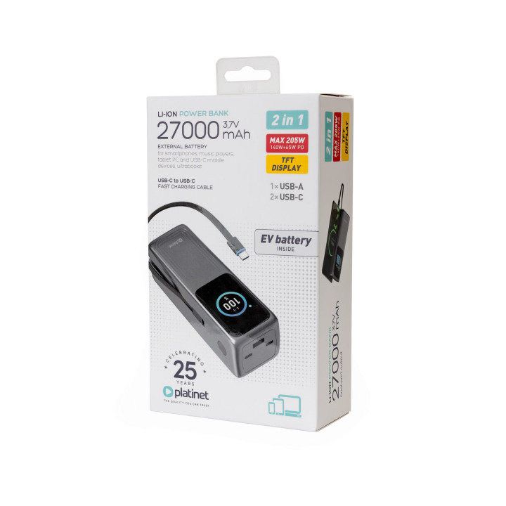 PLATINET PMPB27140 Powerbank 27000 mAh 140W z wbudowanym kablem i wyświetlaczem