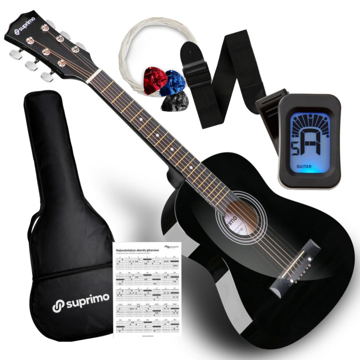 OUTLET SUPRIMO JRA SET BK gitara akustyczna 1/4 czarna zestaw kostki pasek struny pokrowiec akordy tuner
